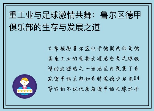 重工业与足球激情共舞：鲁尔区德甲俱乐部的生存与发展之道