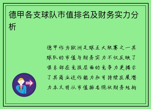 德甲各支球队市值排名及财务实力分析